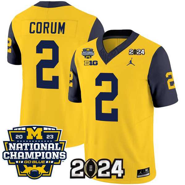 Men%27s Michigan Wolverines #2 Blake Corum Yellow Navy 2024 F.U.S.E. With 2023 National Champions Patch Stitched Jersey
